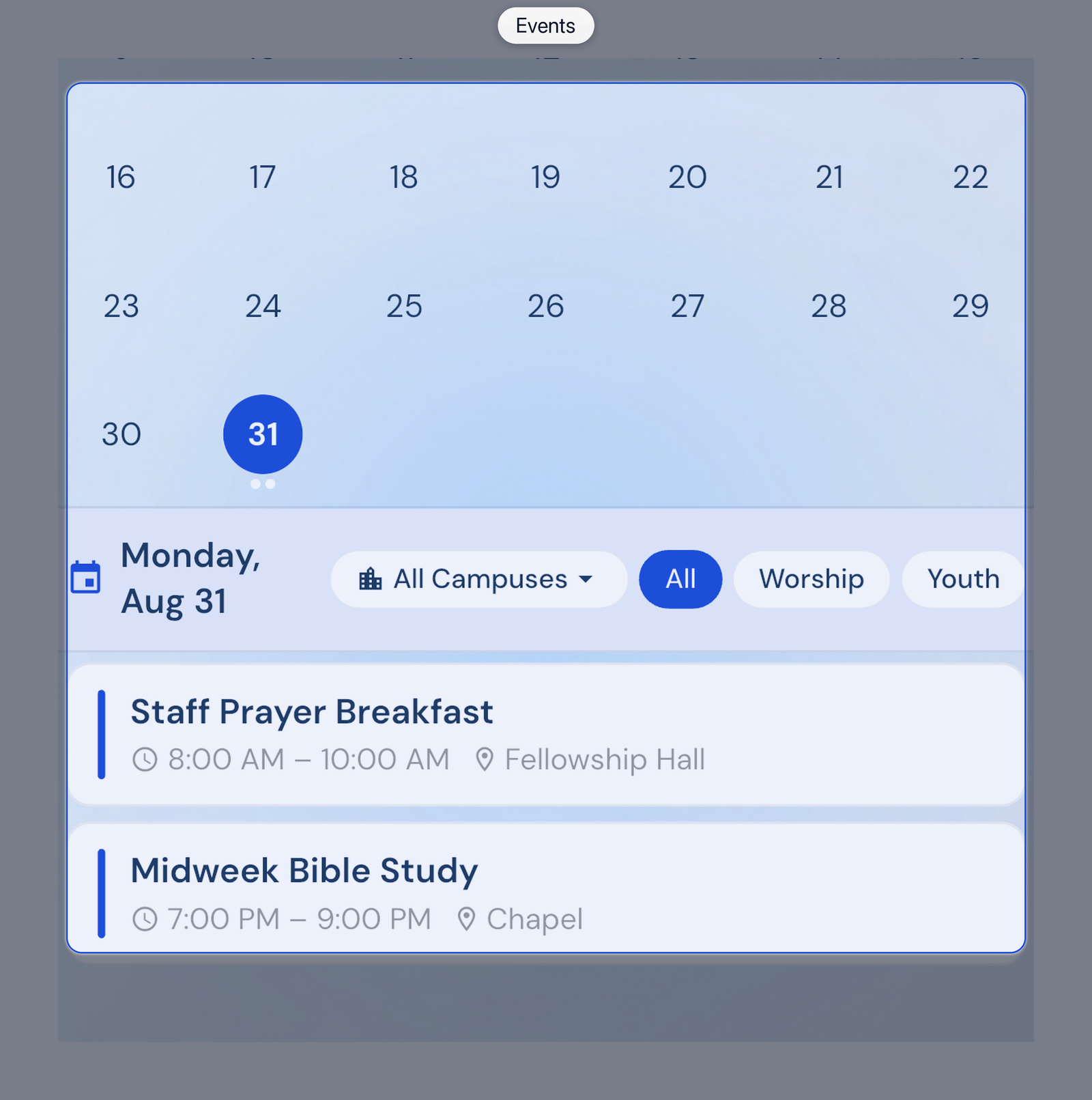 Events for the selected day