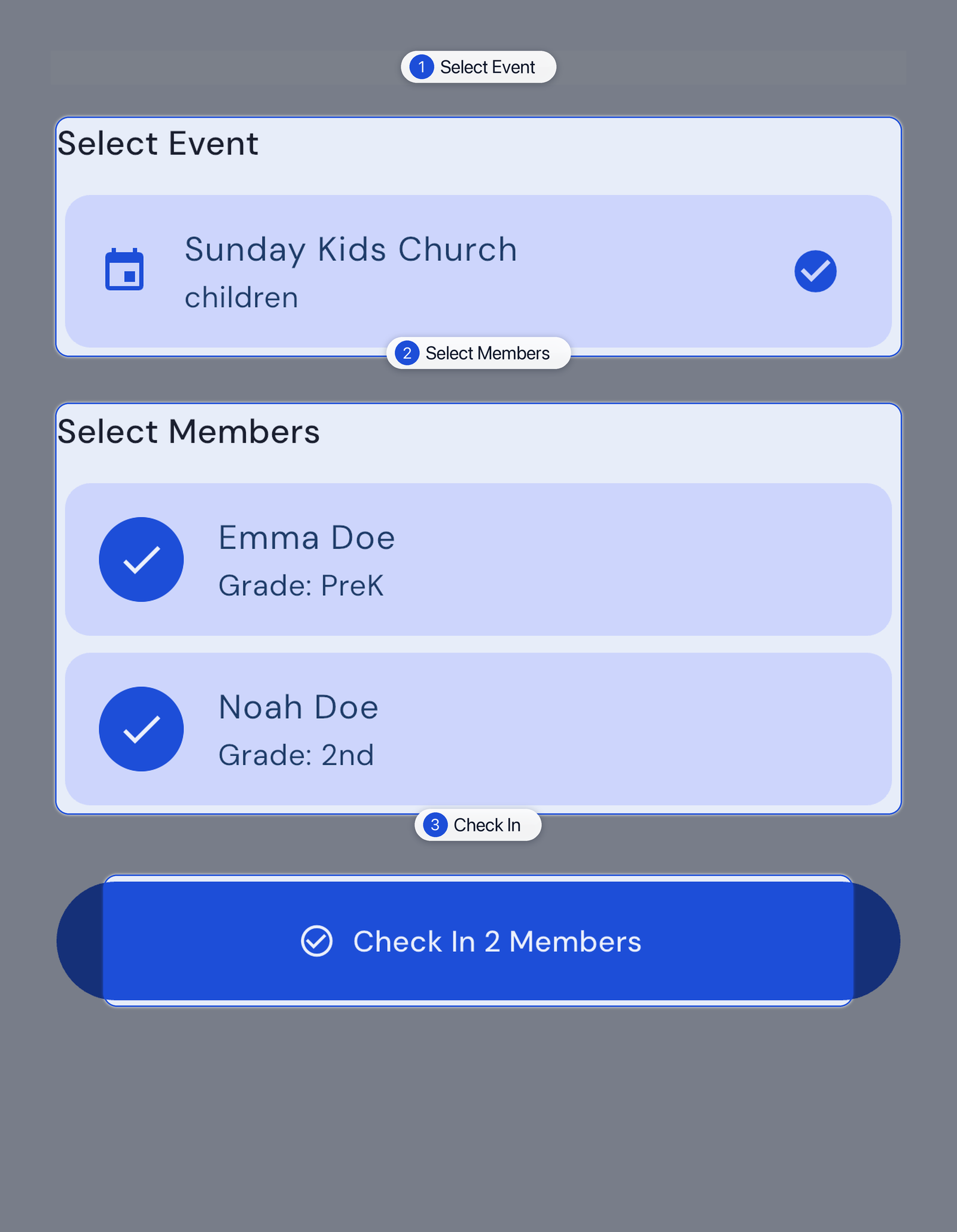 Event and members selected, ready to check in