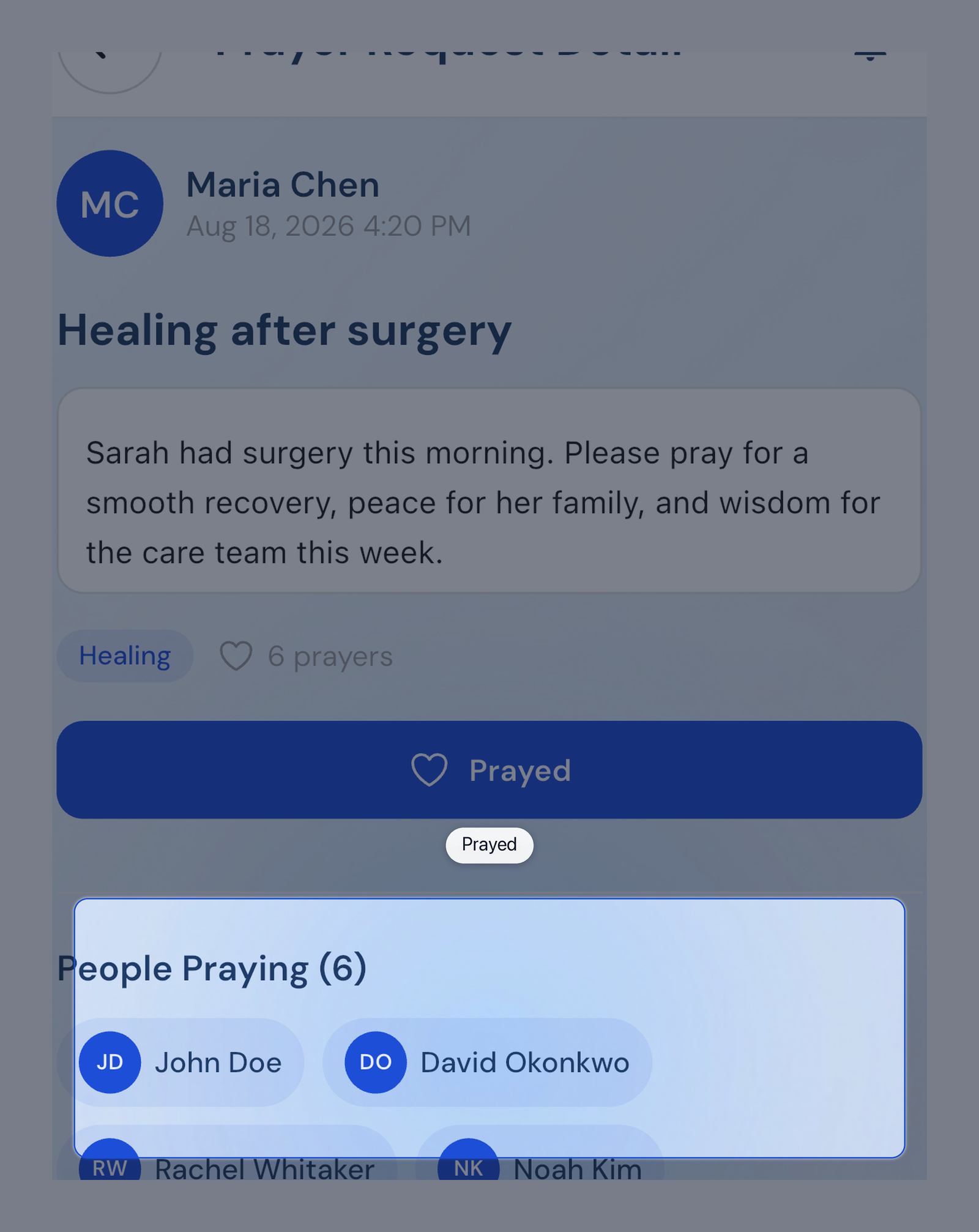 Prayer request detail with Prayed